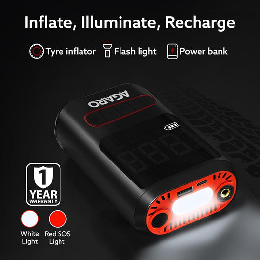 AGARO Galaxy Cordless Tyre inflator , for Cars & bikes, up to 150 PSI , 2X2000 mAh battery, Power Bank, LED flash light, Rechargeable Type C Port, Digital Display, Multiple Nozzles, Plastic