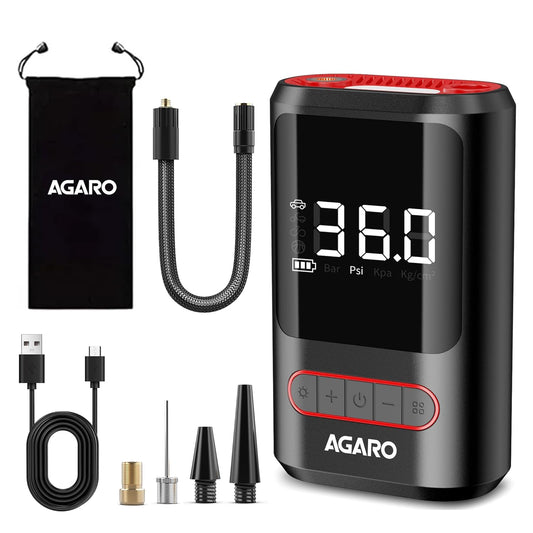 AGARO Galaxy Cordless Tyre inflator , for Cars & bikes, up to 150 PSI , 2X2000 mAh battery, Power Bank, LED flash light, Rechargeable Type C Port, Digital Display, Multiple Nozzles, Plastic