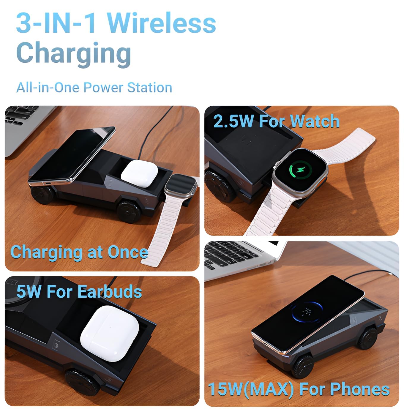 Cybertruck 3 in 1 Wireless Charger Fast Charging Dock for Phone Watch & Earbuds 15W Magnetic Stand Futuristic Design Safe & Travel Friendly